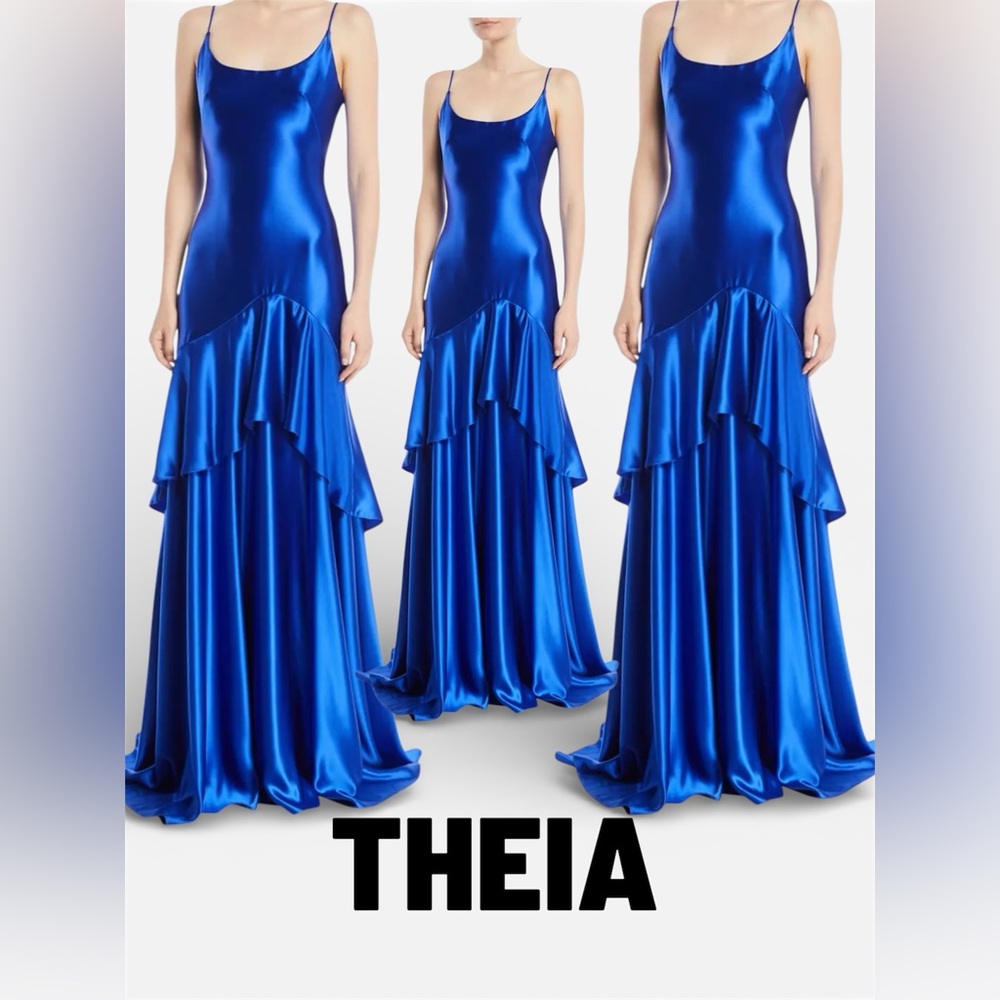 THEIA Satin Blue Slip Ruffle Y2K Maxi Dress Gown